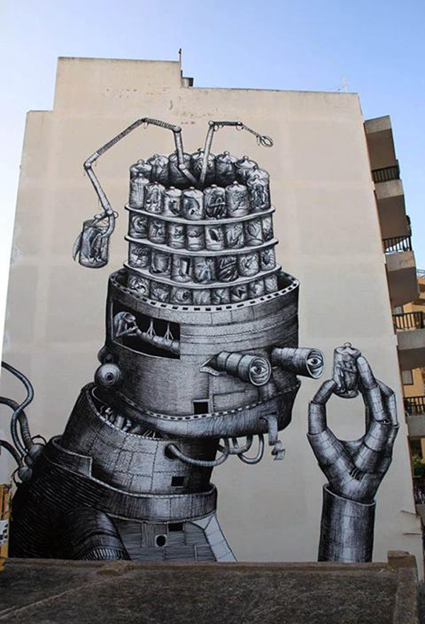 Phlegm, Ibiza, Spain, imaginative street art, graffiti art, street artists, urban murals, urban art, mr pilgrim art.