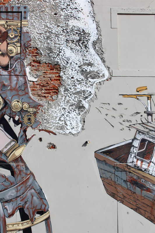 Urban artists, Pixel Pancho and Vhils, Lisbon, Portugal, street art, freewalls.